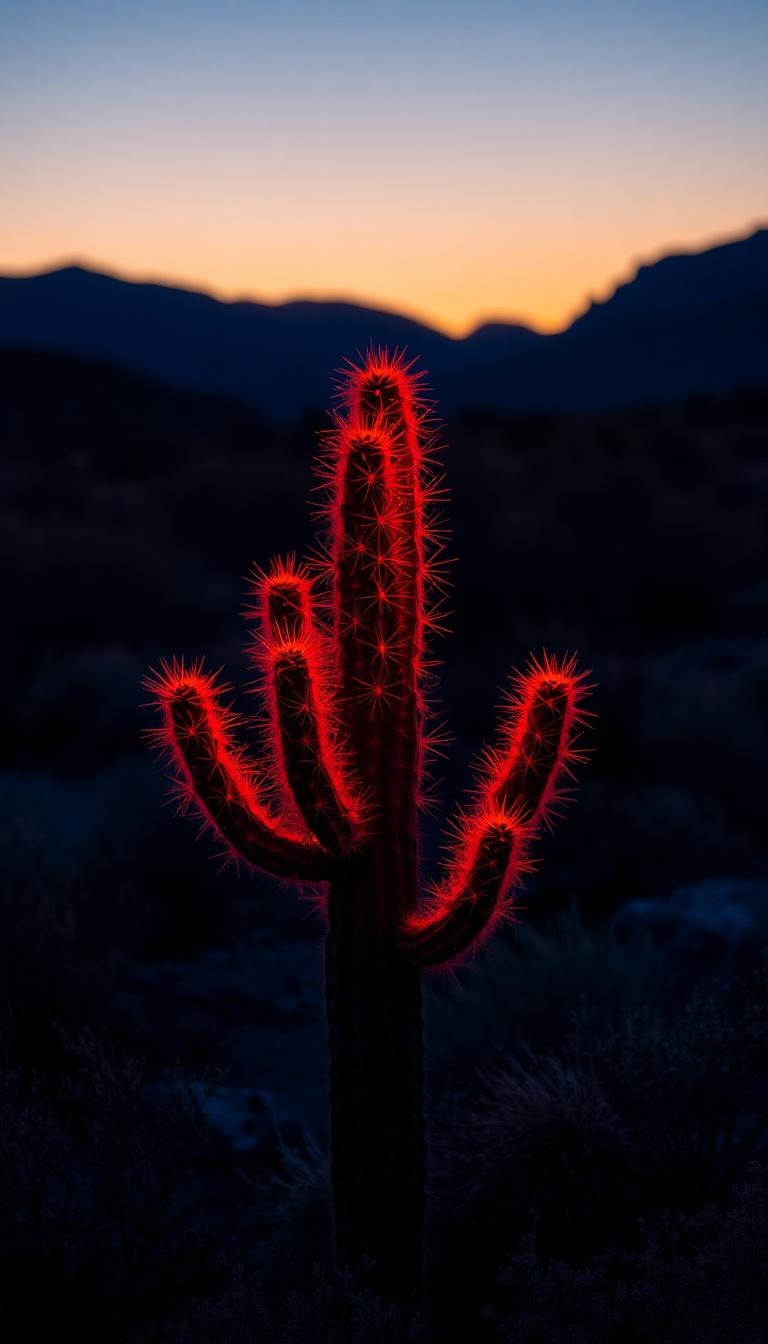 Glowing red cactus at desert dusk wallpaper