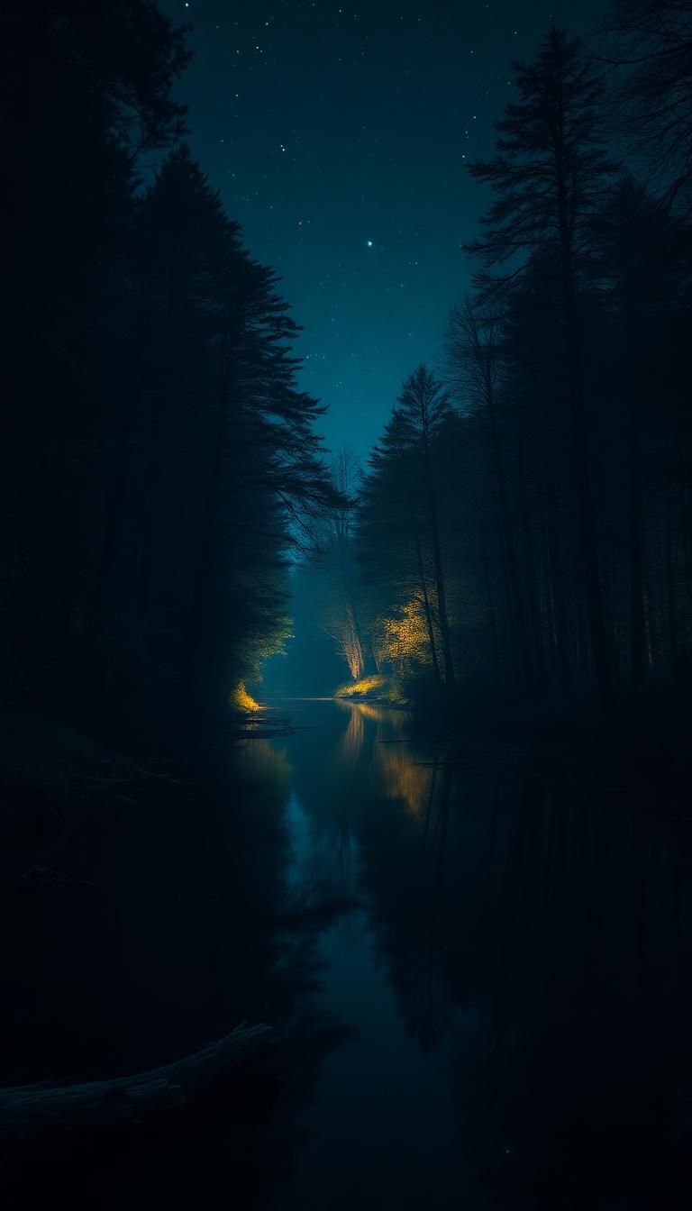 Dark forest river reflections at night wallpaper