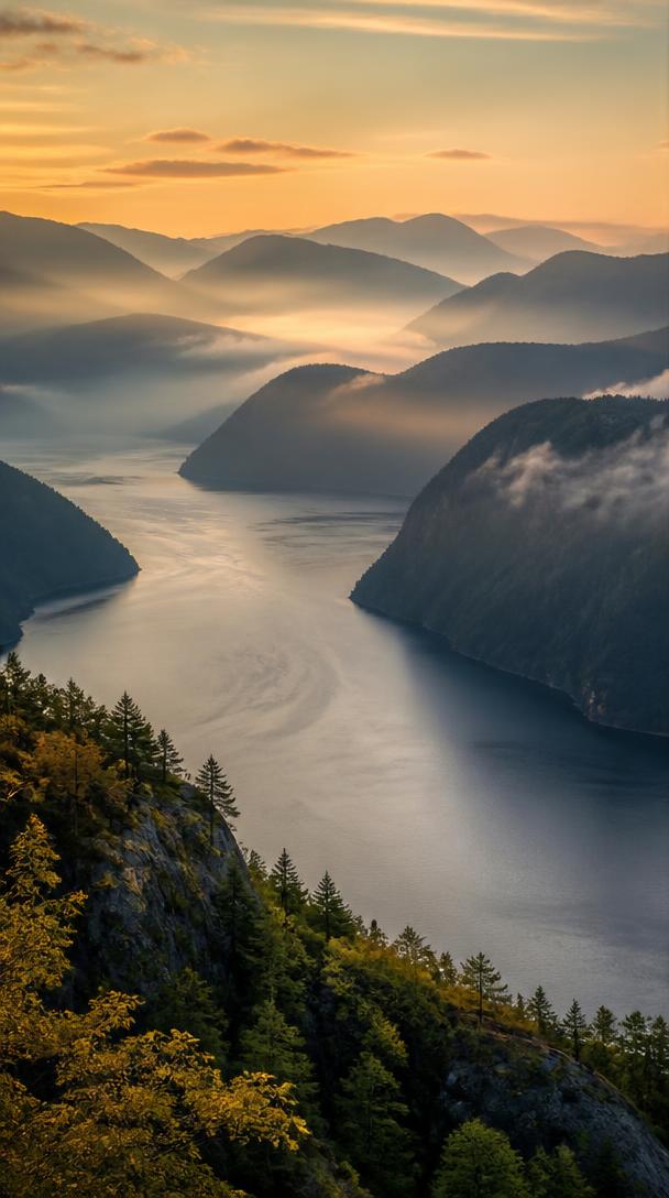 Misty fjord at sunrise wallpaper